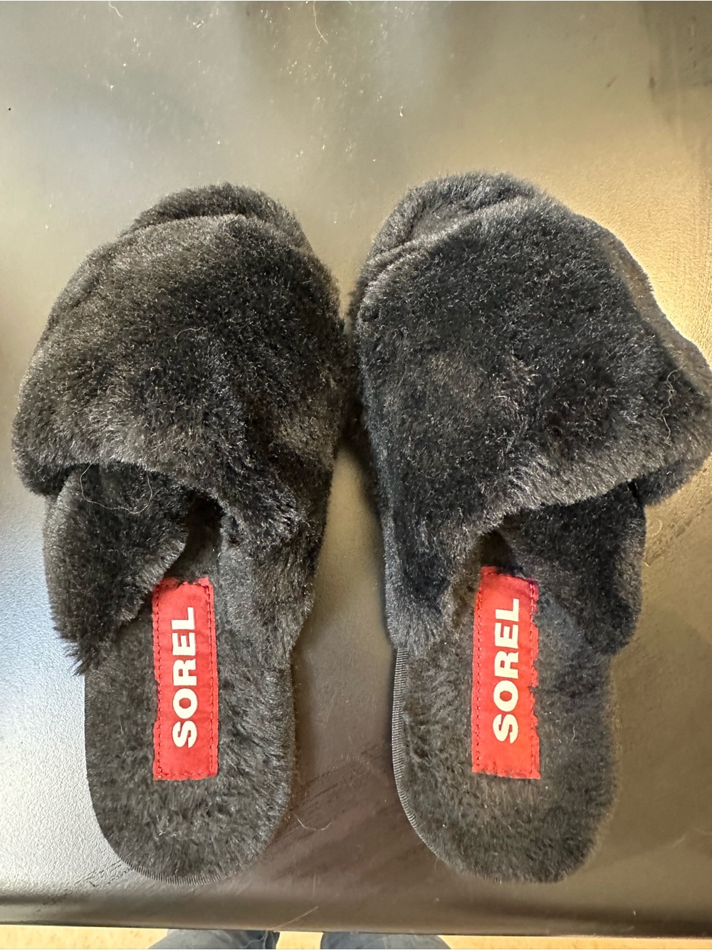 Sorel Women's Black Faux-Fur Slide Slippers with Red Insole Tag
